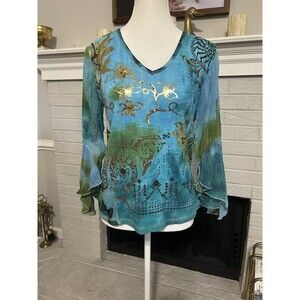 Forbidden Vintage 90s Top Women L Pink Floral Beaded Y2K Fairy V-Neck Whimsy